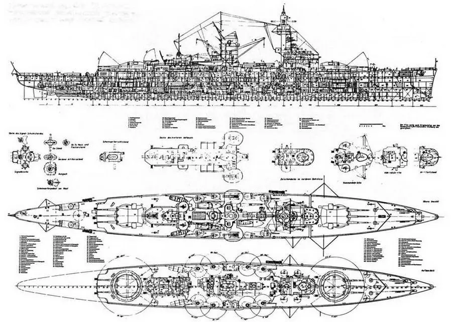 Броненосный корабль Дойчланд Продольный разрезпланы мостиков вид сверху и - фото 18