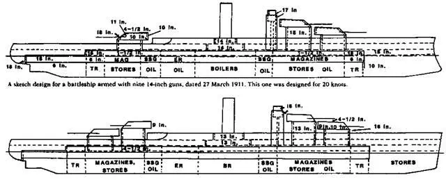 Линейный корабль Nevada Проекты 1911 г Продольные разрезы и поперечные - фото 4