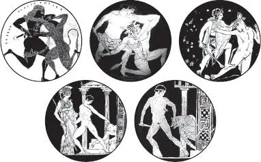 Theseus grasps the Minotaur by one horn and jabs at his chest with the - фото 1