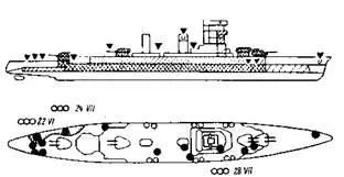 Линкор Харуна Осень 1945 г Схема попаданий авиабомб Авианосные самолеты - фото 74