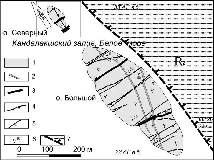 Рис 6 Структурногеологическая схема островов Средние Луды 1 анортозиты 2 - фото 163