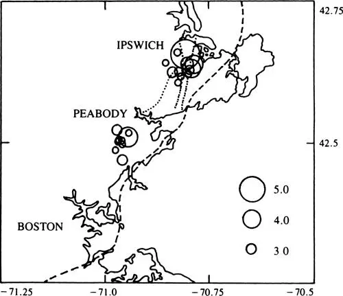 The circles appeared to be epicenters scaled linearly to magnitude What are - фото 9