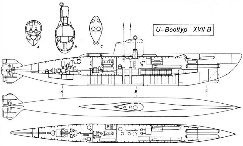 Первоначальные проекты подлодок типов XVII и XVII G 1943 г В середине - фото 46