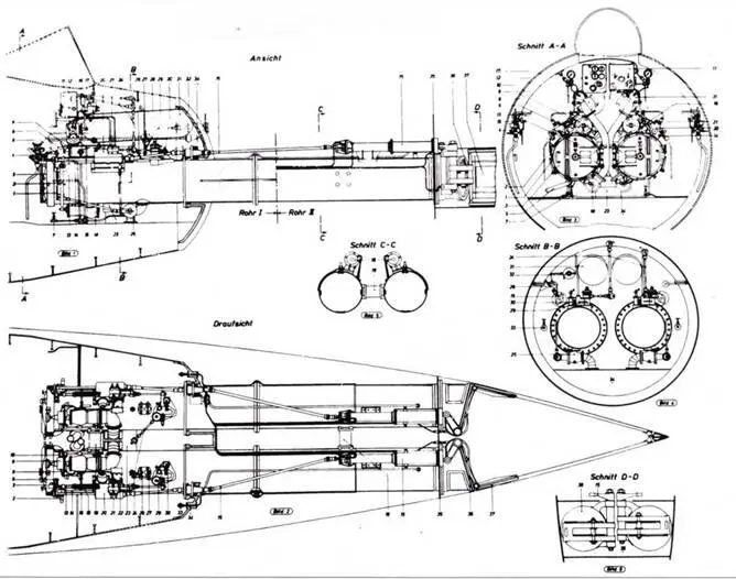 Продольный и поперечный разрез торпедного аппарата подлодок Wа 201 и WК 202 - фото 85