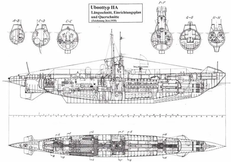 Подводная лодка серии II А продольный разрез устройство и поперечные сечения - фото 59