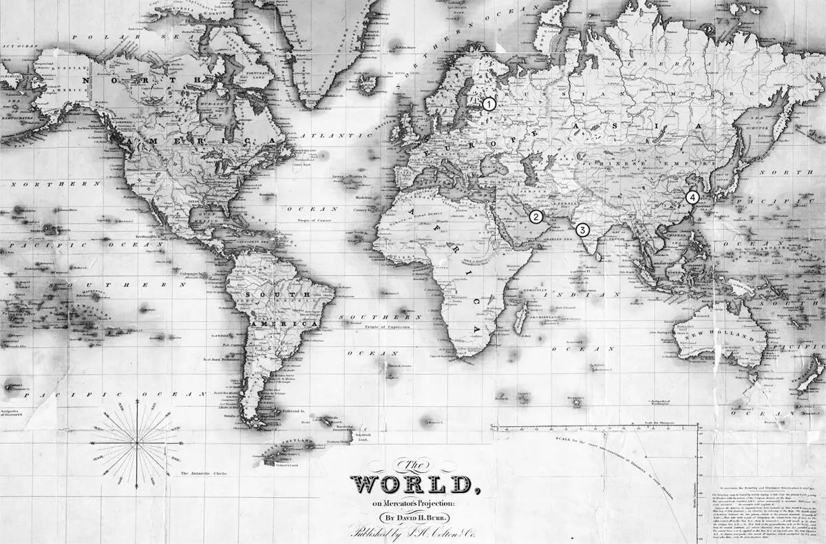Карта мира в проекции Меркатора 1840 1 СанктПетербург 2 Дубай 3 Мумбай 4 - фото 1