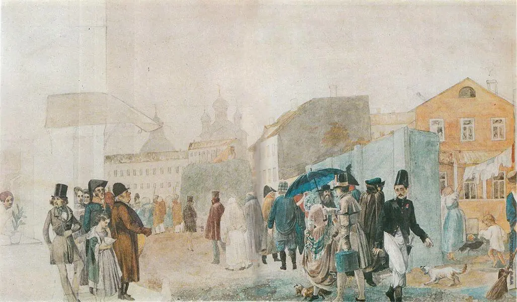 Уличная сцена в Москве во время дождя Бумага акварель 1837 г Бивуак - фото 23
