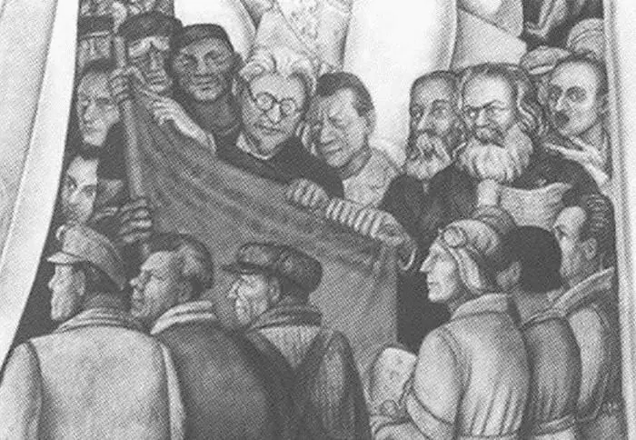 Портрет Троцкого среди рабочих с красным флагом рядом с Ф Энгельсом и К - фото 24