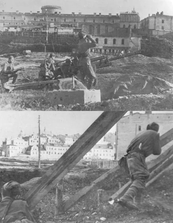 An artillery gun model ZiS3 and Soviet infantry during fighting in Lublin - фото 38