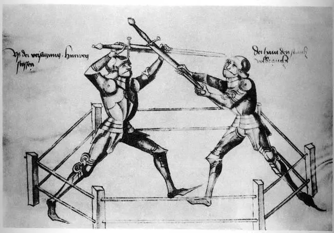 Рисунки из пособий по фехтованию XV в Перед начатием боя недельщик отводил - фото 13