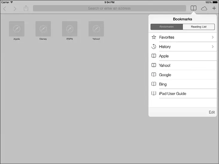 Рис 178Вспомогательный экран с закладками браузера Safari на планшете iPad - фото 78