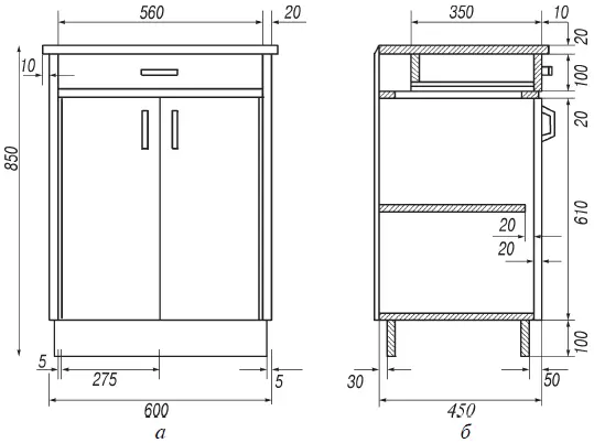 Рис 2 Эскиз разделочного столашкафа а вид спереди б поперечный разрез - фото 2