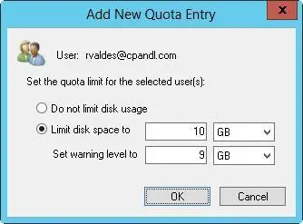 In the Add New Quota Entry dialog box you can customize the users quota limit - фото 76