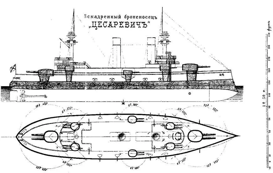 Броненосец Цесаревич Схема бронирования и вид сверху с указанием секторов - фото 47