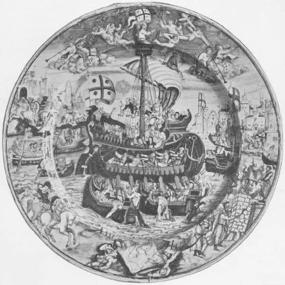 A MAJOLICA DISH PAINED IN COLOURS An allegory of the Church triumphant over - фото 165