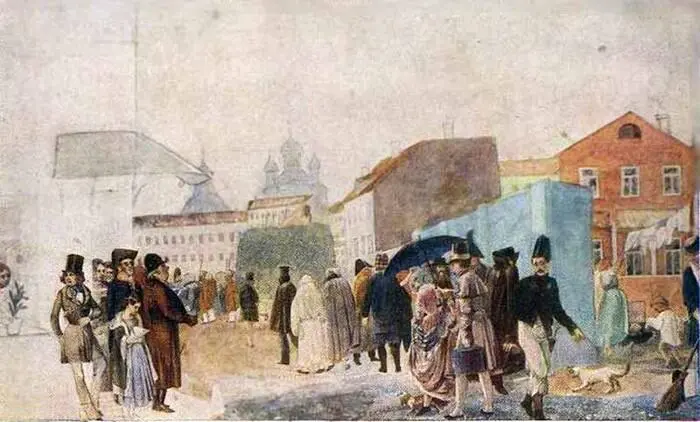Уличная сцена в Москве во время дождя 1837 г Акварель Бивуак лейбгвардии - фото 13