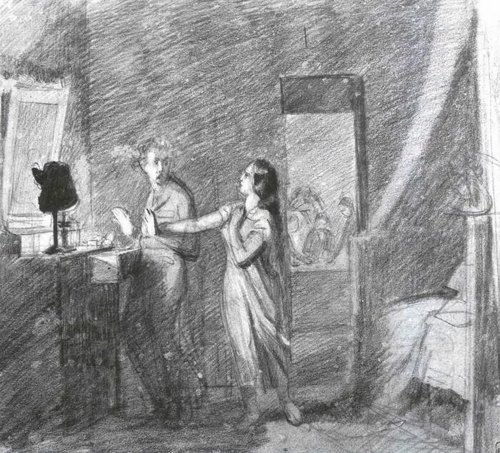 Домашний вор сцена у комода 1851 г Итальянский карандаш Белила П А - фото 49