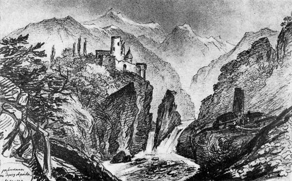 34 Развалины на берегу Арагвы в Грузии Рисунок Лермонтова Карандаш 1837 - фото 80