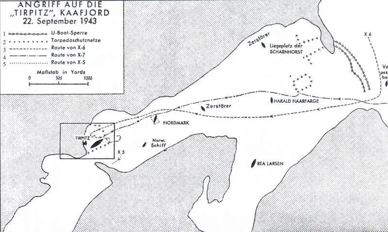 Схема атаки Тирпица лодкамималютками в Каафьорде 22 сентября 1943 года 1 - фото 3