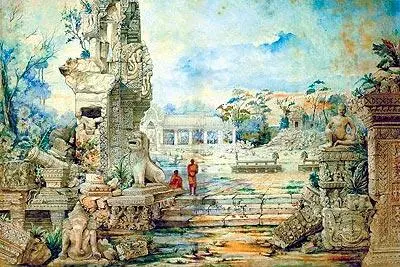 Кхмерские развалины в Ангкор Тхоме Город Ангкор в Камбодже Акварель - фото 300