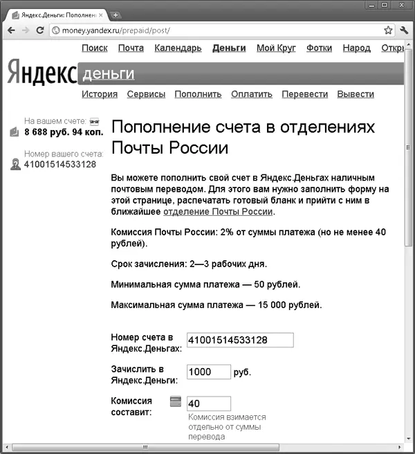 Рис 42 Форма для пополнения счета в ЯндексДеньгах наличным почтовым - фото 63