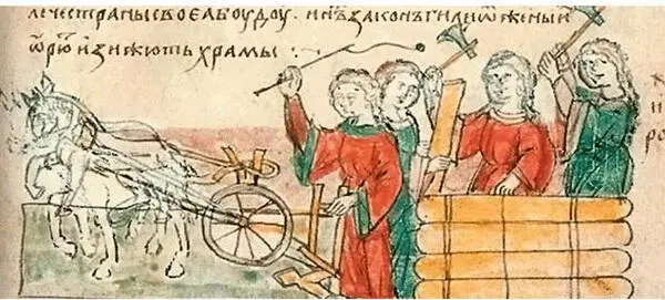 Колесный плуг Радзивилловская летопись Медвежья охота Ксилография - фото 138