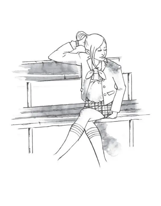A girl lay back on a bench roughly sketched in scrawls of ink as she looked - фото 2