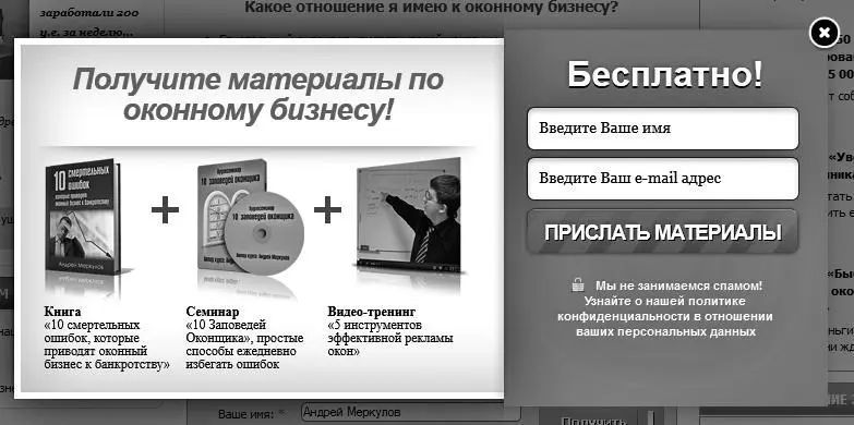 Рис 8 Пример всплывающей формы для сбора контактов на сайте prodavecokonru - фото 18
