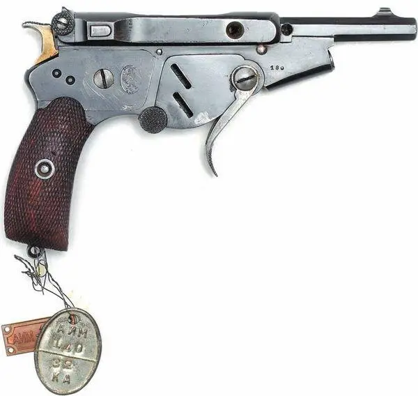Пистолет Bergmann М1896 N2 вид справа Светящийся гномик на рамке клеймо - фото 26