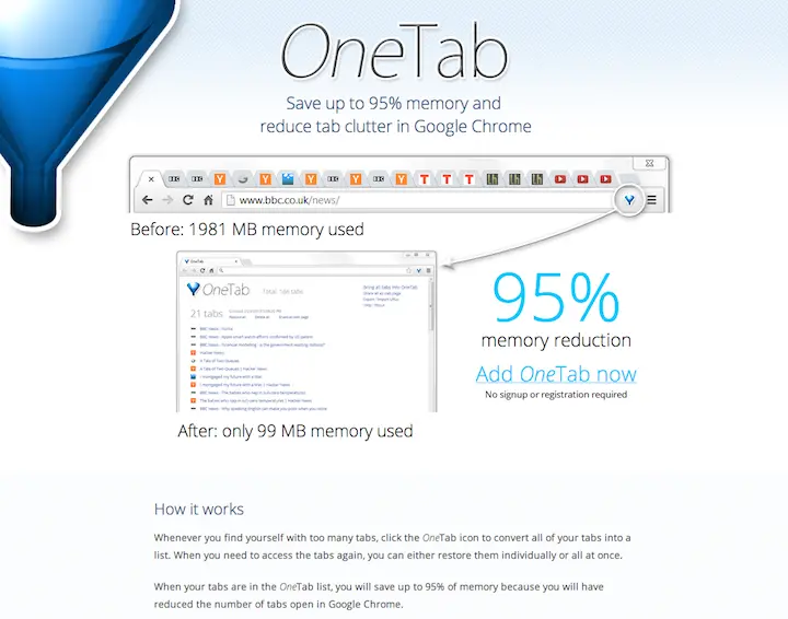 Ещё один простой плагин OneTabдля Chrome помещает все ваши открытые вкладки в - фото 102
