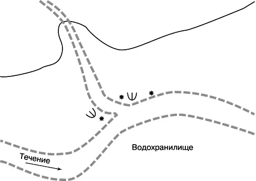 Рис 264 Схема щучьих стоянок в конце зимы w коряжник щучьи точки В - фото 271