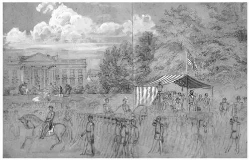 President Abraham Lincoln directly below flag observes Union troops in front - фото 14