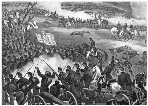 An artists depiction of the vast Gettysburg battle scene Union troops armed - фото 20