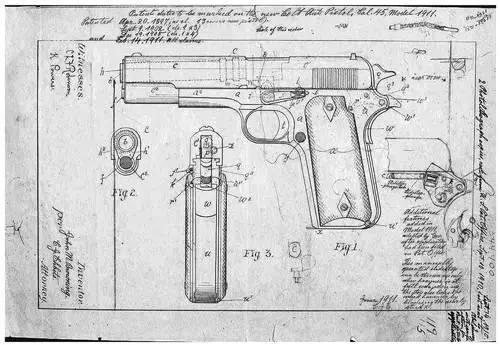 Above John Brownings designs for his Auto Pistol Cal 45 Model 1911 - фото 60