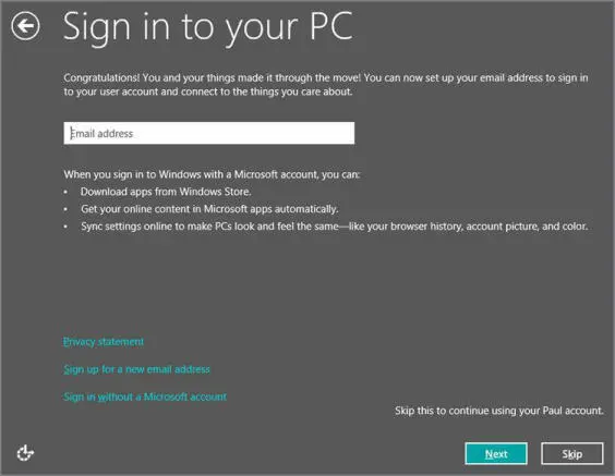 You can click Skip to use your old local account Windows 8 supports a new type - фото 27