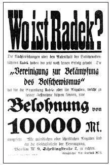 16 A poster offering 10000 marks for the arrest of Karl Radek who went into - фото 23