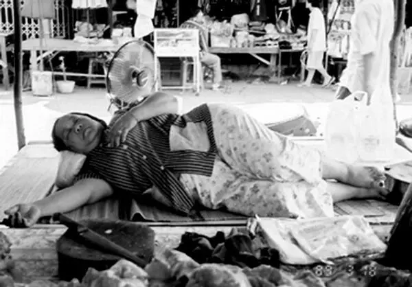 Похожий на бабушку мясник в ленивой дремоте в дневную жару Рынок Исаана - фото 4