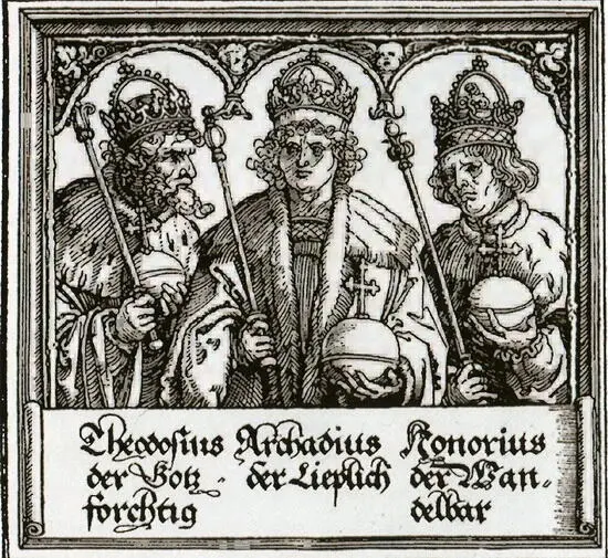 Императоры Феодосий I Аркадий и Гонорий Гравюра А Дюрера Начало XVI в - фото 6
