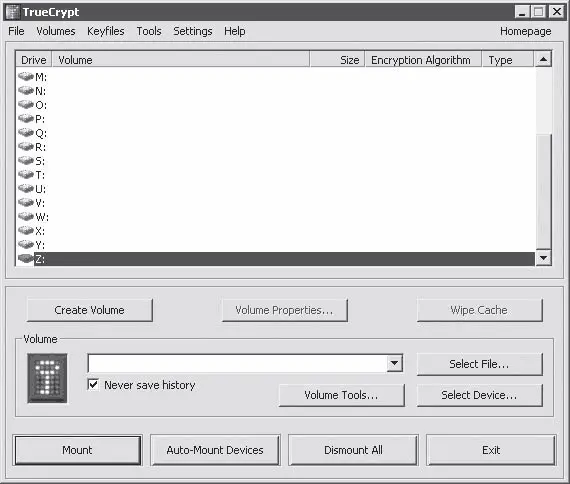 Рис 1212Главное окно программы TrueCrypt Чтобы создать новый диск нажмите - фото 75
