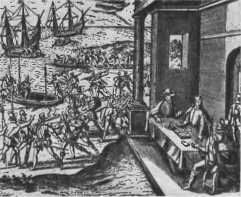 Отправка кораблей из Севильи в Новый Свет Гравюра XVI века Карта берегов - фото 66