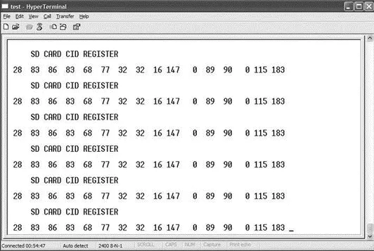 Figure 710 An example output from the project on HyperTerminal The data - фото 244