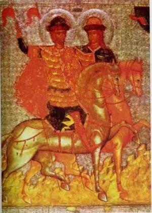 Русская икона Борис и Глеб на конях Около 1377 года Новгород Взято из - фото 380