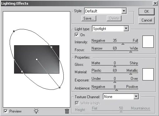 Рис 75Параметры фильтра Lighting EffectsСветовые эффекты Здесь мы видим - фото 213