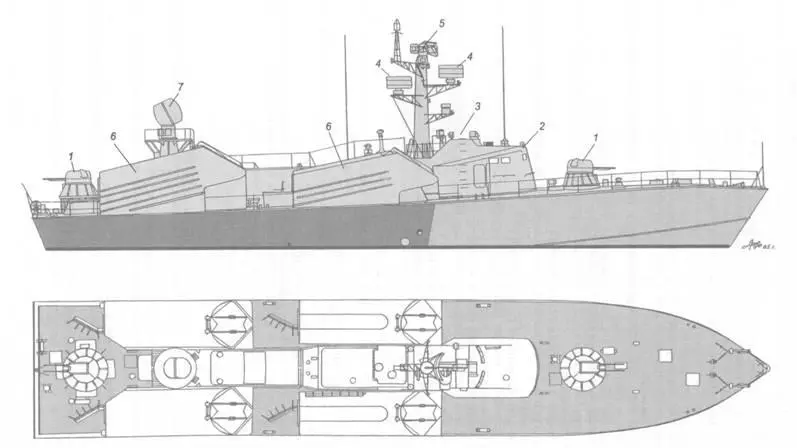 Схема внешнего вида ракетного катера пр 205 1 30мм АУ АК230 2 ходовая - фото 17