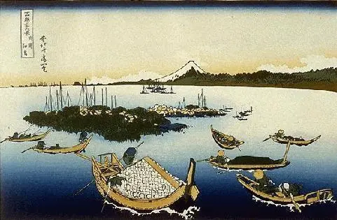 Blue sky a few low clouds Fuji across the bays bright water a few boats and - фото 15