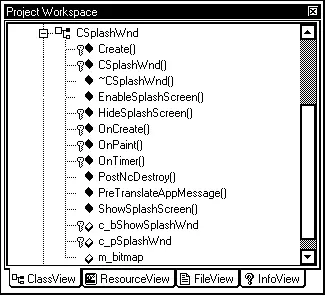 Рис 24 Окно Project Workspace класс CSplashWnd Определение класса - фото 43