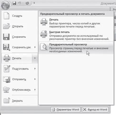 Рис 1196Команда Печать Предварительный просмотр меню кнопки Office - фото 467