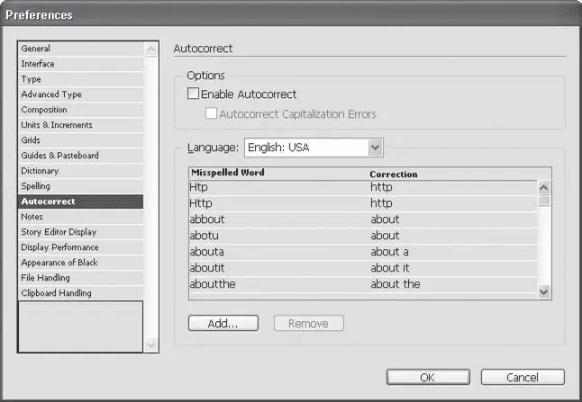 Рис 711 Настройки автозамены в InDesign В этом же окне мы можем увидеть - фото 157