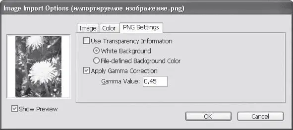 Рис 129 Окно с настройками для импорта файла в формате PNG вкладка PNG - фото 242