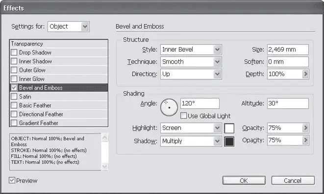 Рис 1521 Диалоговое окно Effects Эффекты раздел Bevel and Emboss Фаска и - фото 311